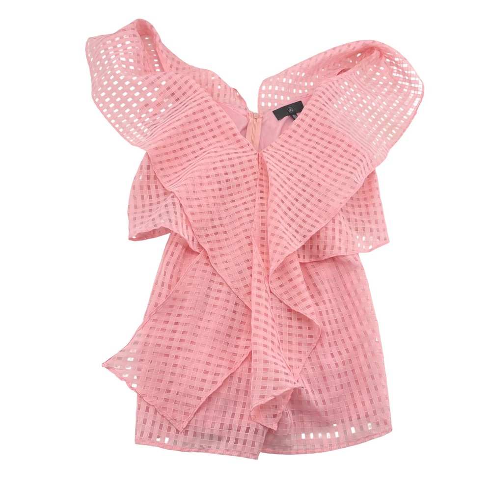 Missguided Pink Grid Ruffle Romper V-Neck Flutter Sleeve Playsuit US 4 UK 8